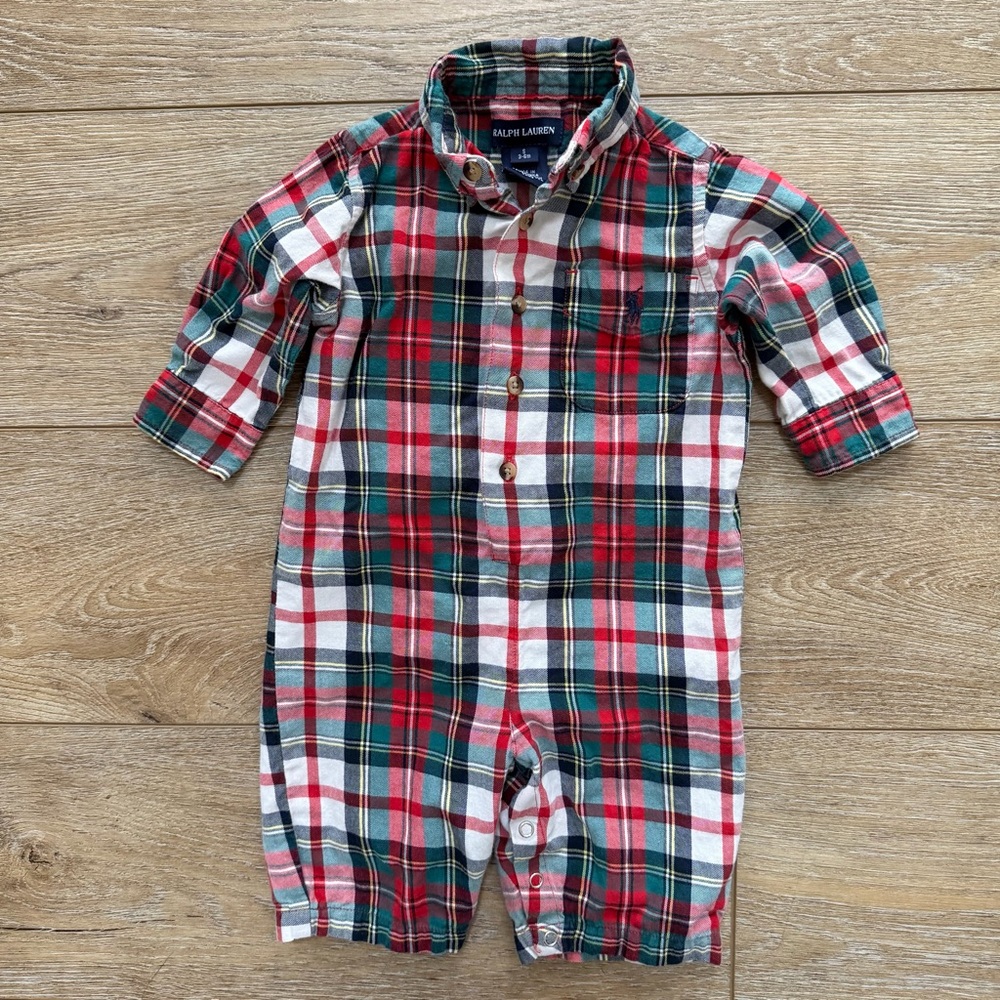 Ralph Lauren boys' multicolor plaid‎ button-down coverall Outfit 3-6M Preppy